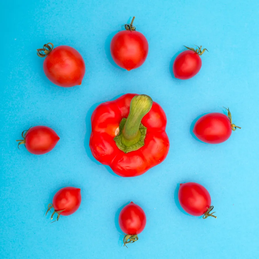 Flat lay of red capsicum and cherry tomatoes on a blue background
